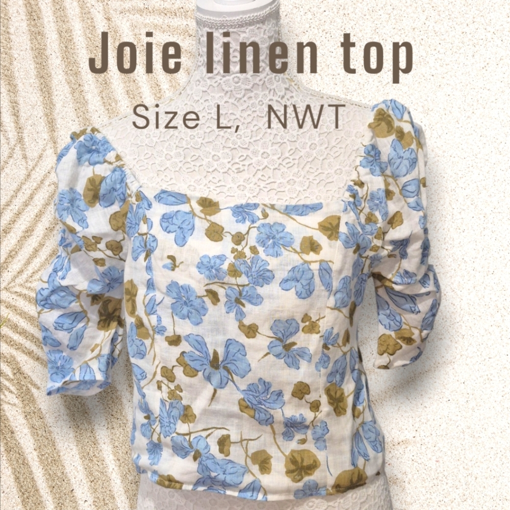 Joie Linen Blue & Cream Floral Blouse, Size L NWT